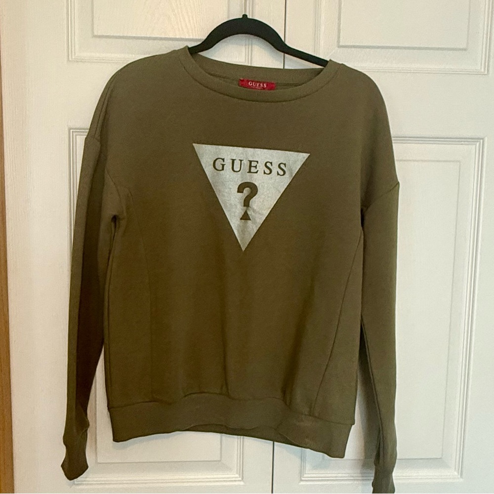 Guess Olive Crew Neck Sweatshirt Size Small Women’s with Logo